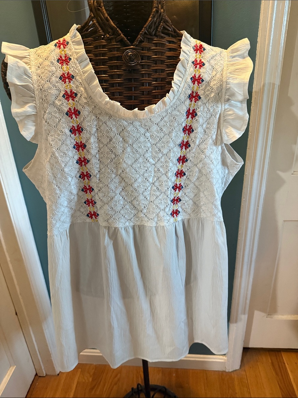 White Sleeveless Ruffle Embroidered Peasant Top